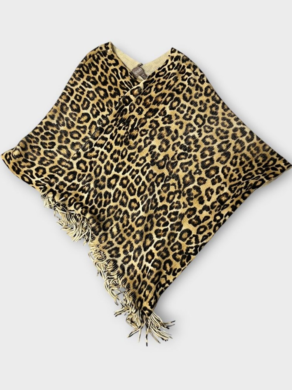 EUC! Chico’s Leopard Print Knit Poncho Sweater Fringe Hem Mob Wife Boho Wrap S/M